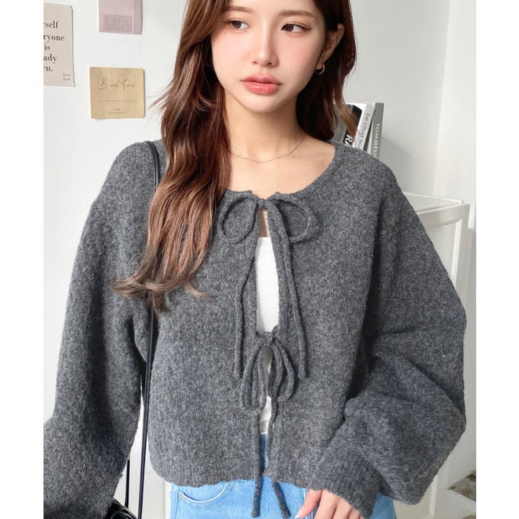 チャコールグレー | 前後2WAYポップコーン編みスカラップリボンミックスニットカーディガン | moment+