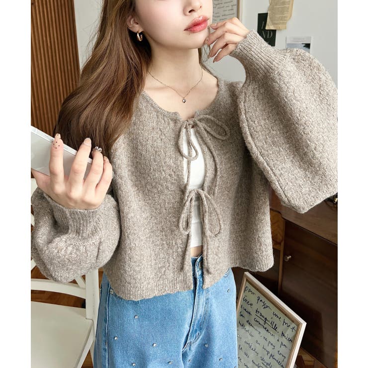 ブラウン | 前後2WAYポップコーン編みスカラップリボンミックスニットカーディガン | moment+