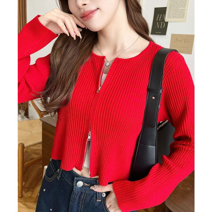 レッド | Wジップリブニットカーディガン | moment+