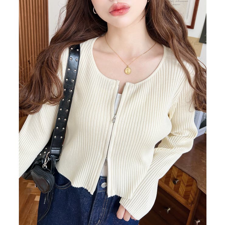 ナチュラル | Wジップリブニットカーディガン | moment+