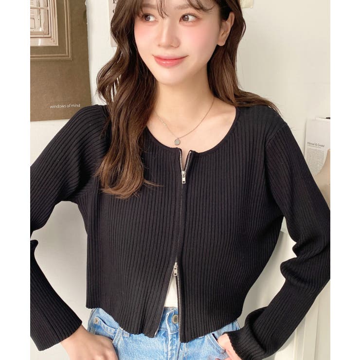 ブラック | Wジップリブニットカーディガン | moment+