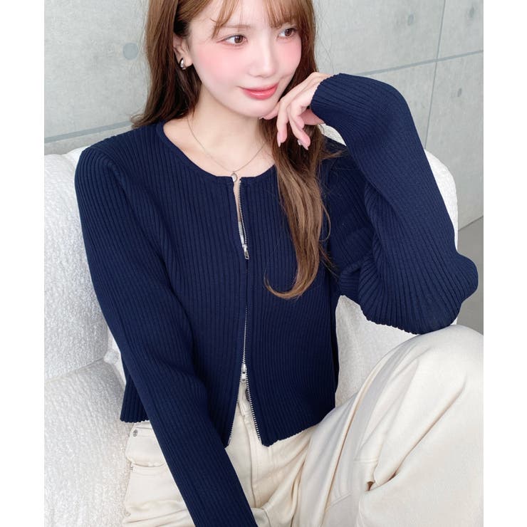 ネイビー | Wジップリブニットカーディガン | moment+