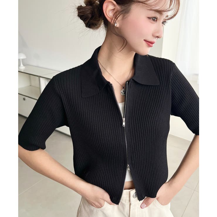 ブラック | Wジップ衿付き半袖ニットカーディガン | moment+