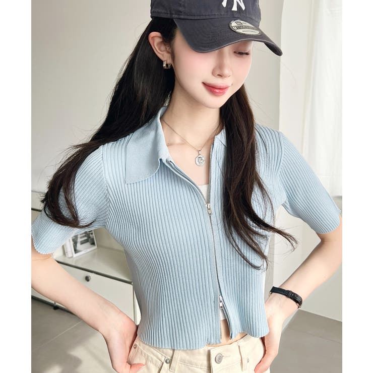 ブルー | Wジップ衿付き半袖ニットカーディガン | moment+