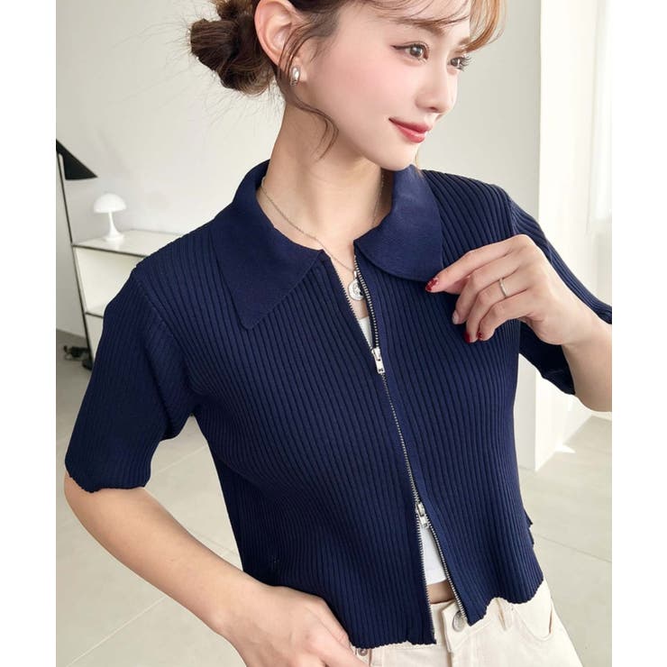 ネイビー | Wジップ衿付き半袖ニットカーディガン | moment+