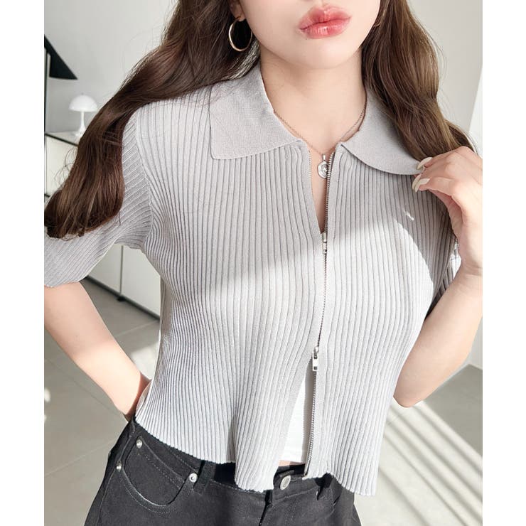 グレー | Wジップ衿付き半袖ニットカーディガン | moment+