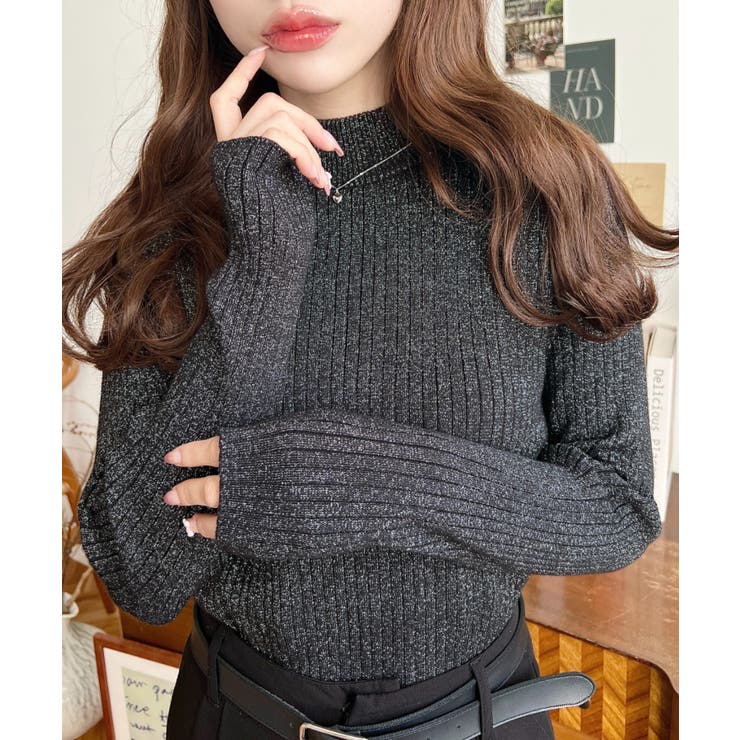 ブラック | ボトルネックラメニットプルオーバ 12G | moment+