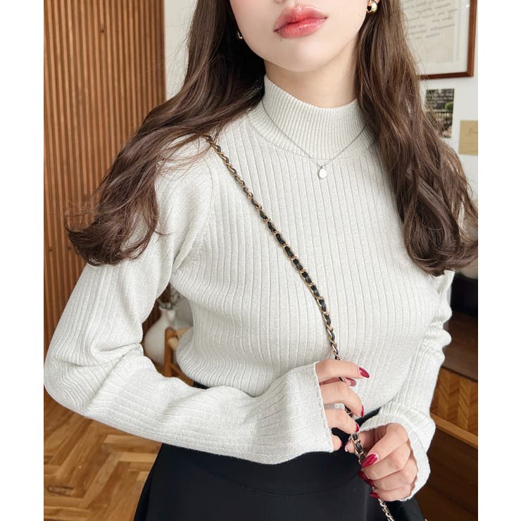 アイボリー | ボトルネックラメニットプルオーバ 12G | moment+