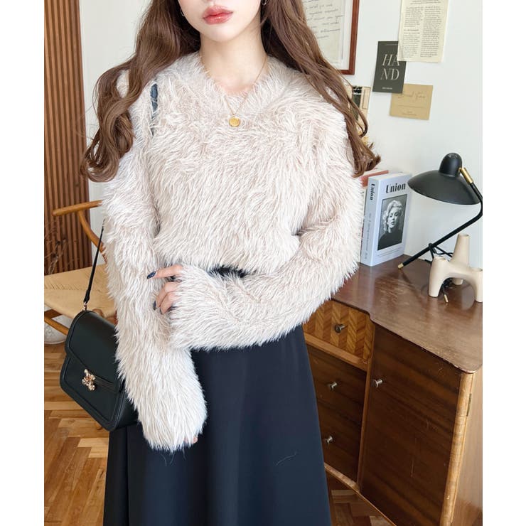 クルーネックショート丈ロングフェザーニットプルオーバー | moment+ | 詳細画像26 