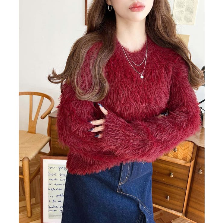 クルーネックショート丈ロングフェザーニットプルオーバー | moment+ | 詳細画像45 