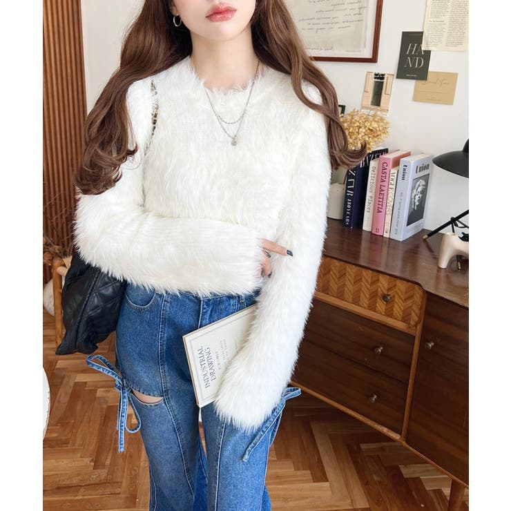 クルーネックショート丈ロングフェザーニットプルオーバー | moment+ | 詳細画像5 