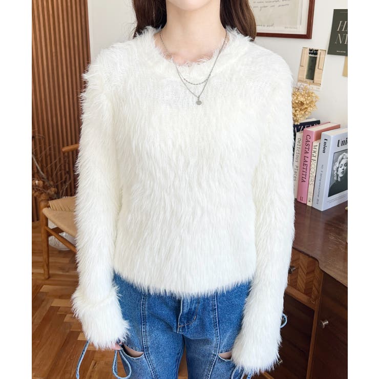 クルーネックショート丈ロングフェザーニットプルオーバー | moment+ | 詳細画像6 