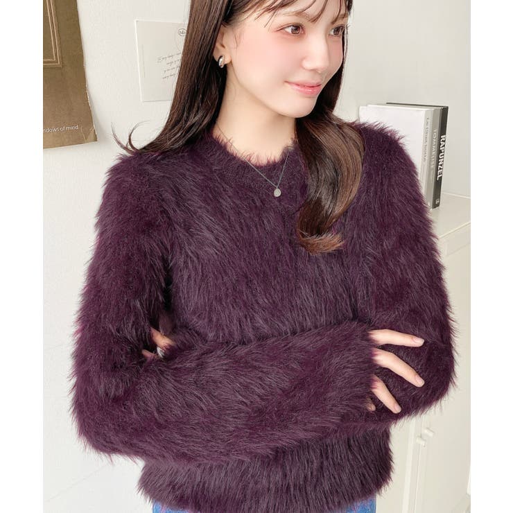 パープル | クルーネックショート丈ロングフェザーニットプルオーバー | moment+