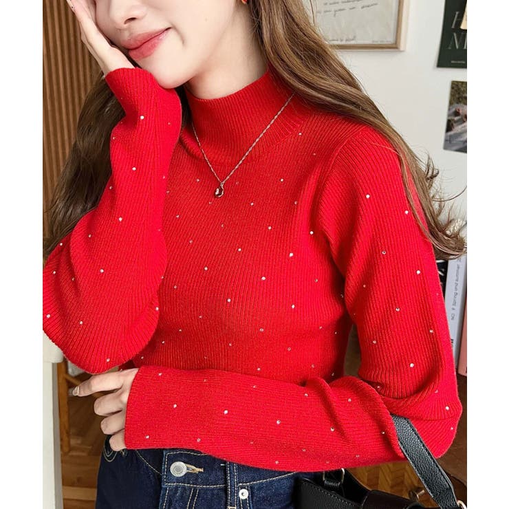 レッド | ラインストーンハイネックリブニットプルオーバー | moment+