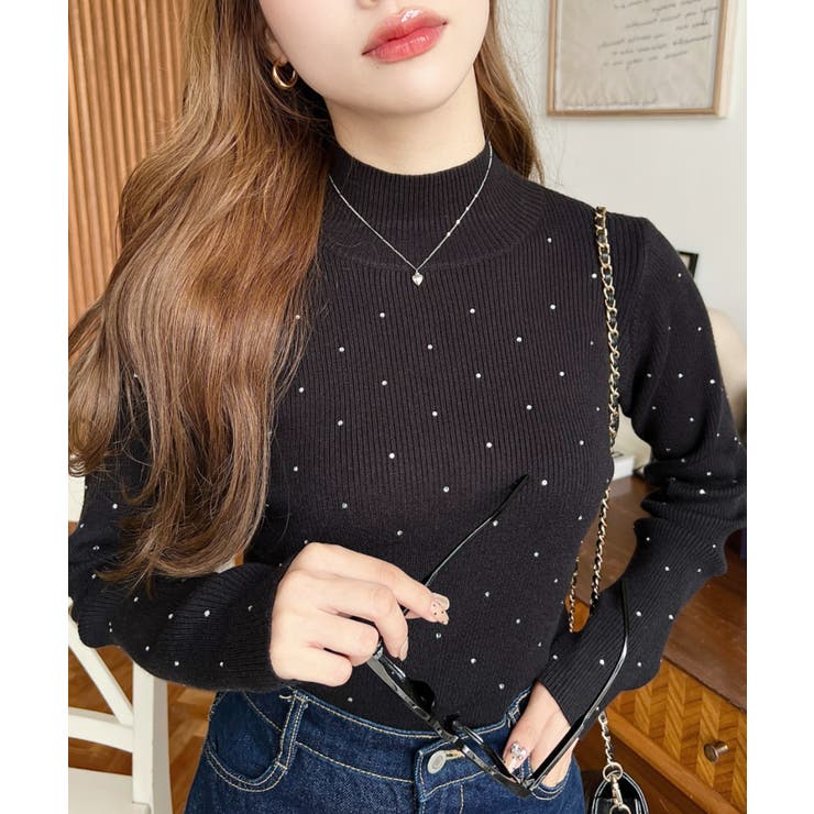 ブラック | ラインストーンハイネックリブニットプルオーバー | moment+