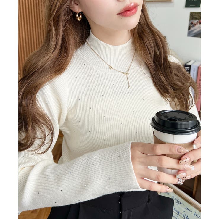 アイボリー | ラインストーンハイネックリブニットプルオーバー | moment+