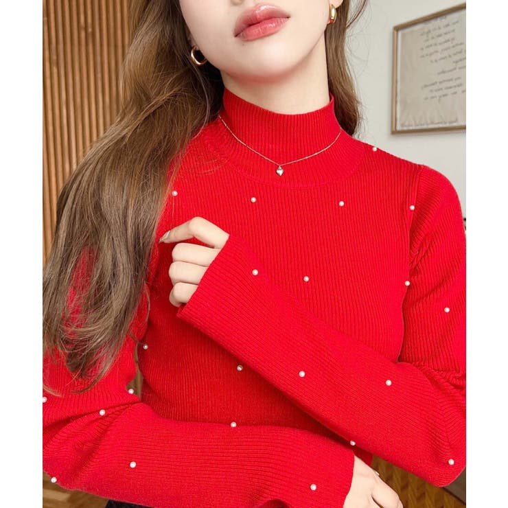 レッド | パールハイネックリブニットプルオーバー | moment+