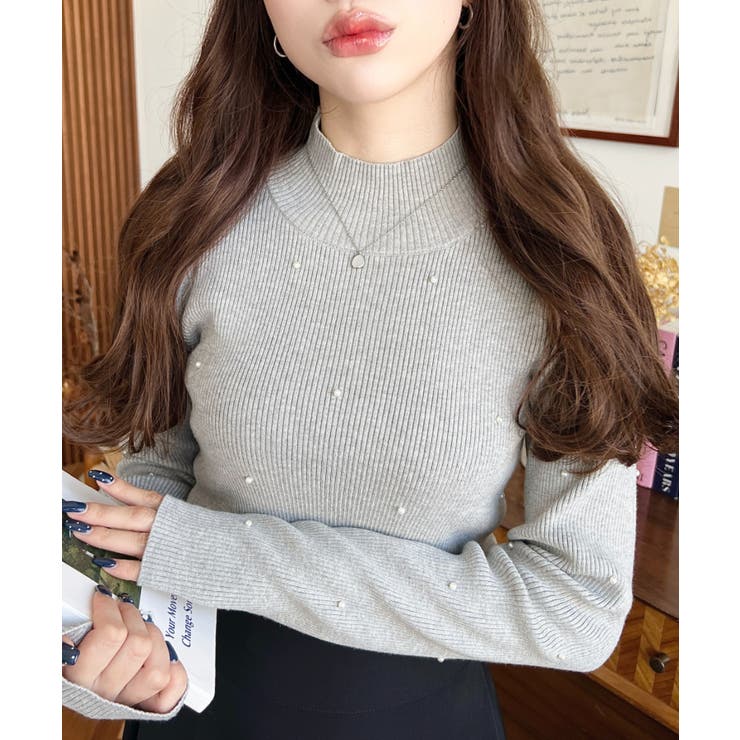 杢グレー | パールハイネックリブニットプルオーバー | moment+