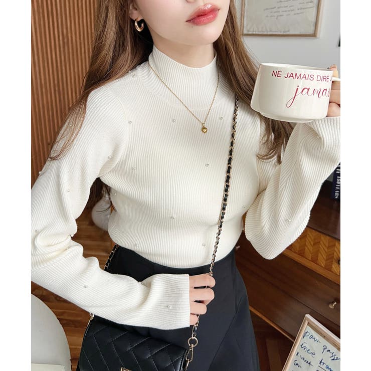 アイボリー | パールハイネックリブニットプルオーバー | moment+