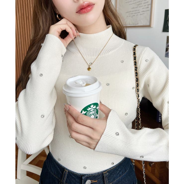 ビジューハイネックリブニットプルオーバー | moment+ | 詳細画像2 