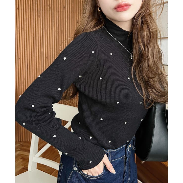 ブラック | ビジューハイネックリブニットプルオーバー | moment+