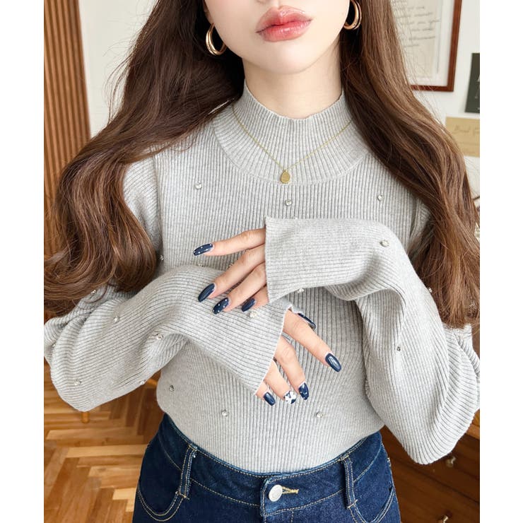 杢グレー | ビジューハイネックリブニットプルオーバー | moment+