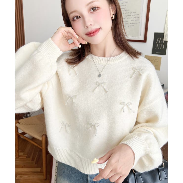 パールリボンパーツ付きショート丈もちもちニットプルオーバー | moment+ | 詳細画像2 