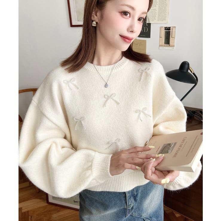 パールリボンパーツ付きショート丈もちもちニットプルオーバー | moment+ | 詳細画像3 