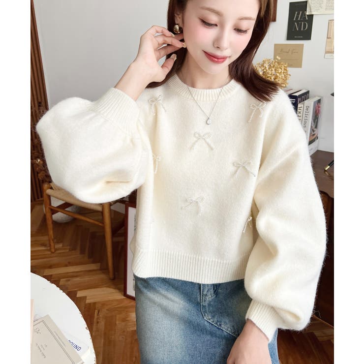 パールリボンパーツ付きショート丈もちもちニットプルオーバー | moment+ | 詳細画像4 