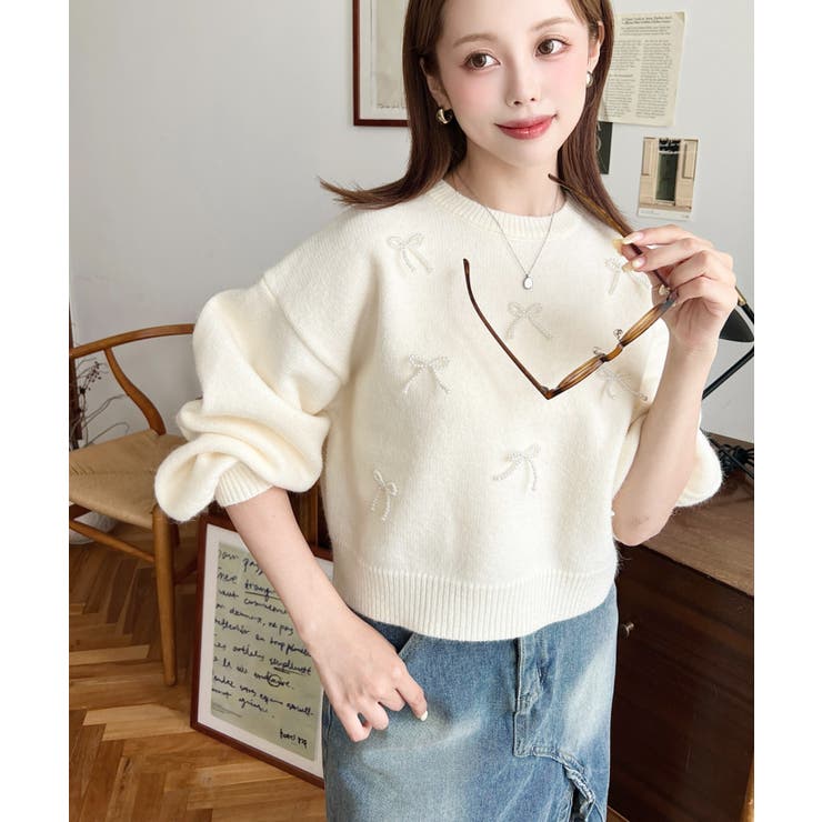 パールリボンパーツ付きショート丈もちもちニットプルオーバー | moment+ | 詳細画像5 