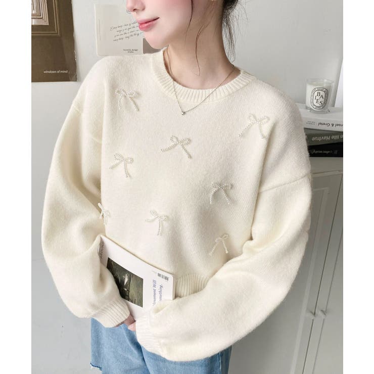 パールリボンパーツ付きショート丈もちもちニットプルオーバー | moment+ | 詳細画像7 