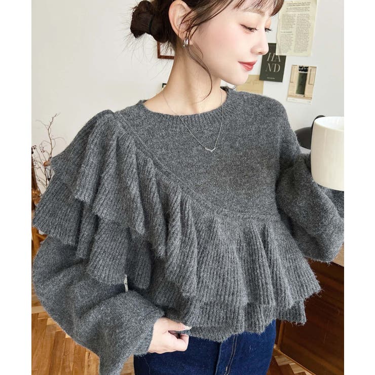 チャコールグレー | アシメフリルもちもちニットプルオーバー | moment+