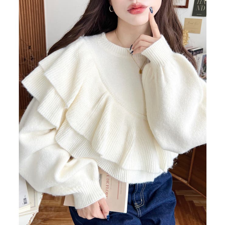 アイボリー | アシメフリルもちもちニットプルオーバー | moment+