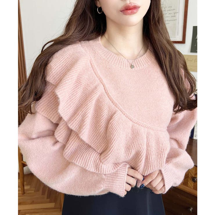 ピンク | アシメフリルもちもちニットプルオーバー | moment+
