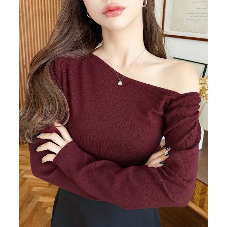 ボルドー | アシメワンショルリブニットプルオーバー | moment+