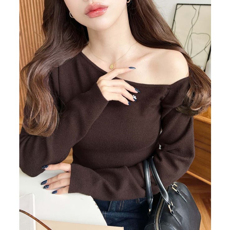 ブラウン | アシメワンショルリブニットプルオーバー | moment+