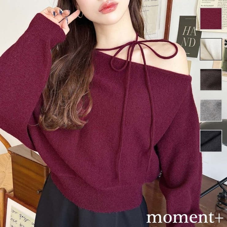 ストラップチョーカーネックリボンアシメワンショルダーニットプルオーバー | moment+ | 詳細画像1 