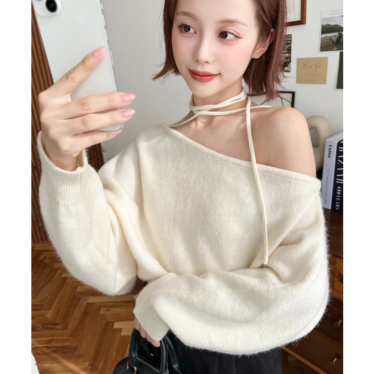 ストラップチョーカーネックリボンアシメワンショルダーニットプルオーバー | moment+ | 詳細画像10 