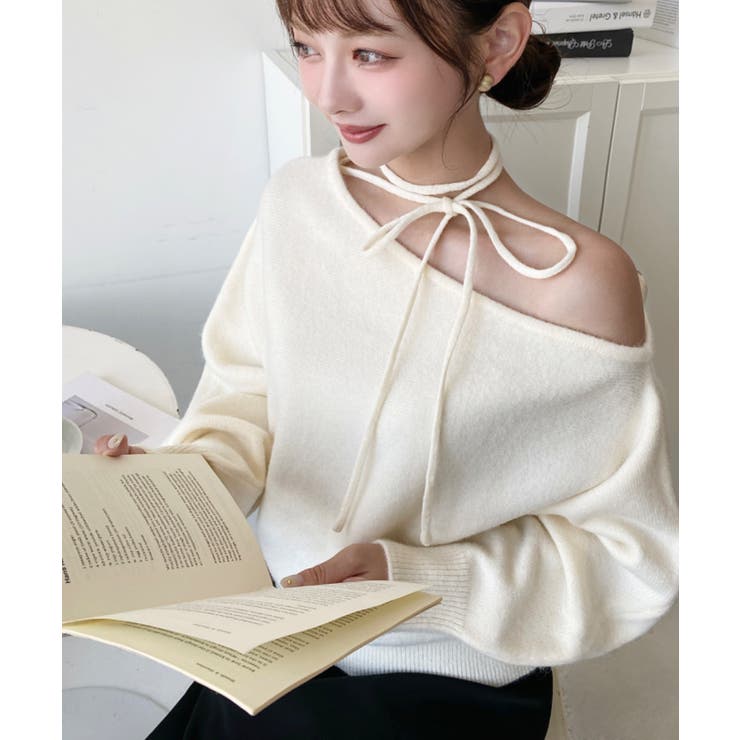 ストラップチョーカーネックリボンアシメワンショルダーニットプルオーバー | moment+ | 詳細画像11 