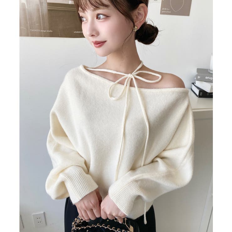 ストラップチョーカーネックリボンアシメワンショルダーニットプルオーバー | moment+ | 詳細画像12 