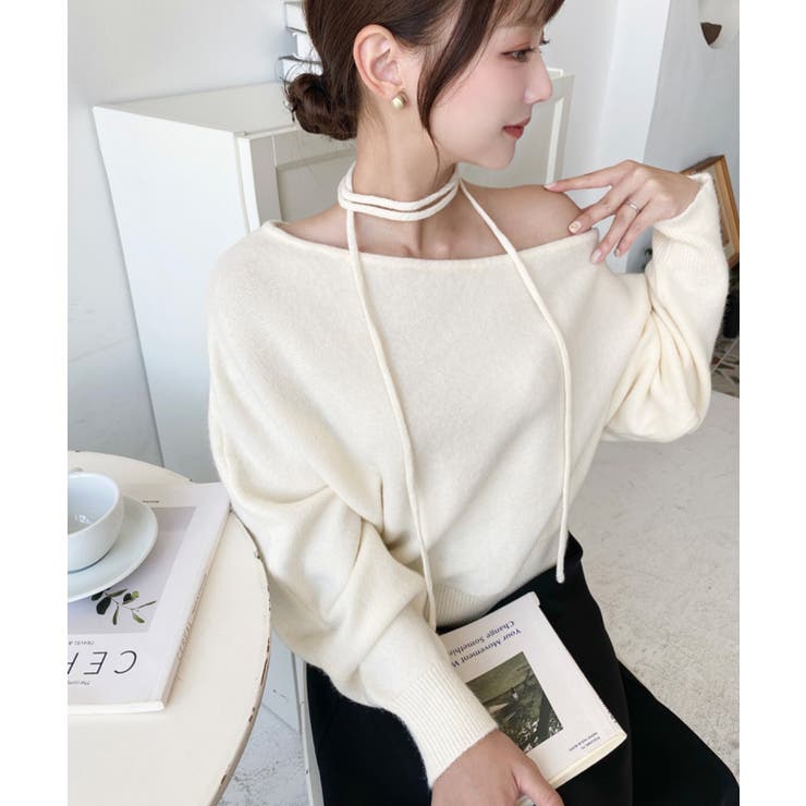 ストラップチョーカーネックリボンアシメワンショルダーニットプルオーバー | moment+ | 詳細画像13 