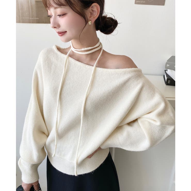 ストラップチョーカーネックリボンアシメワンショルダーニットプルオーバー | moment+ | 詳細画像14 