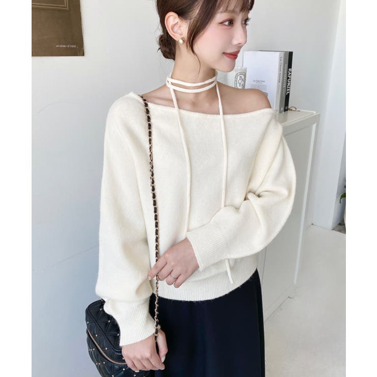 ストラップチョーカーネックリボンアシメワンショルダーニットプルオーバー | moment+ | 詳細画像15 