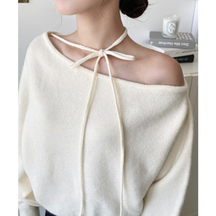 ストラップチョーカーネックリボンアシメワンショルダーニットプルオーバー | moment+ | 詳細画像18 