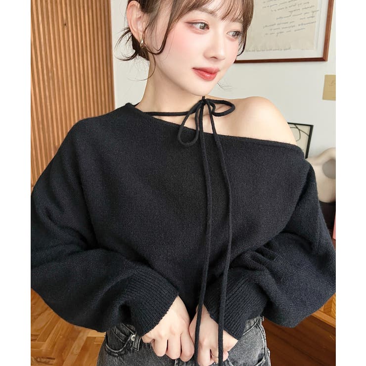 ストラップチョーカーネックリボンアシメワンショルダーニットプルオーバー | moment+ | 詳細画像23 