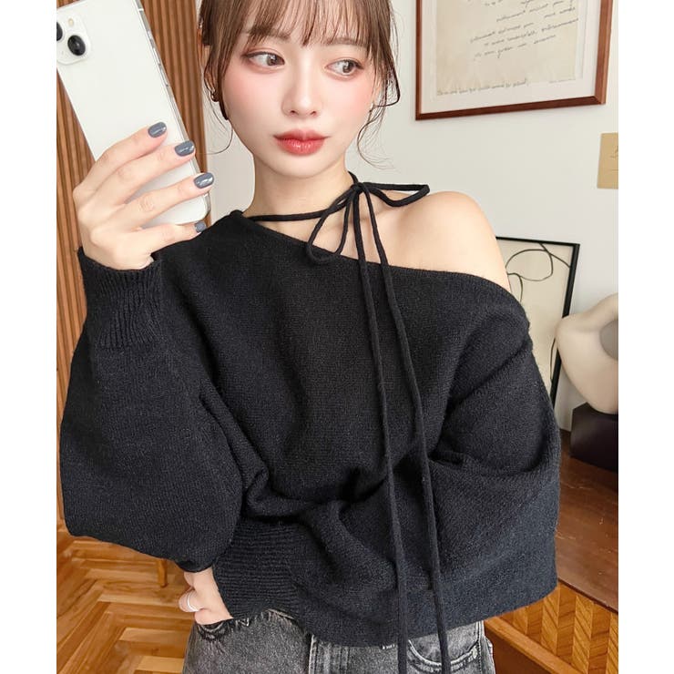 ストラップチョーカーネックリボンアシメワンショルダーニットプルオーバー | moment+ | 詳細画像24 