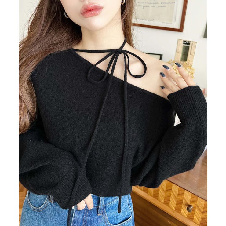 ストラップチョーカーネックリボンアシメワンショルダーニットプルオーバー | moment+ | 詳細画像27 