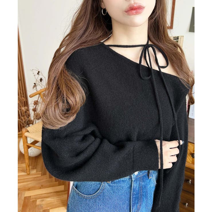 ストラップチョーカーネックリボンアシメワンショルダーニットプルオーバー | moment+ | 詳細画像28 