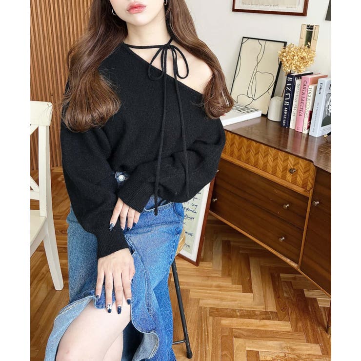 ストラップチョーカーネックリボンアシメワンショルダーニットプルオーバー | moment+ | 詳細画像29 