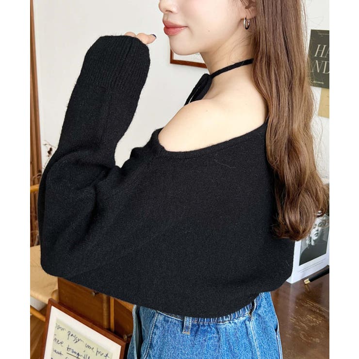 ストラップチョーカーネックリボンアシメワンショルダーニットプルオーバー | moment+ | 詳細画像30 